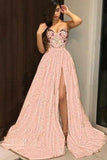 A-Line Sweetheart Pink Long Prom Dress with Split Appliques HZ0509