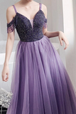 Elegant Cold Shoulder Beaded Lilac Tulle Long Prom Dress HZ0509
