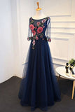 Blue Tulle A-line Flower Appliques Prom Dress With Sleeves,Long Formal Evening Dress HZ0509
