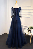 Blue Tulle A-line Flower Appliques Prom Dress With Sleeves,Long Formal Evening Dress HZ0509