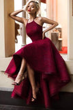 Burgundy A Line Asymmetrical Lace Sleeveless Long Prom Dress HZ0509