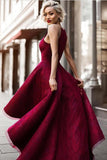Burgundy A Line Asymmetrical Lace Sleeveless Long Prom Dress HZ0509