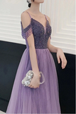 Elegant Cold Shoulder Beaded Lilac Tulle Long Prom Dress HZ0509