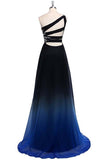 Chiffon A Line Sweep Train One Shoulder Sleeveless Beading Prom Dress HZ0509