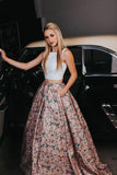Pieces A-line Scoop Floral Printed Modest Long Prom Dress With Pockets HZ0509