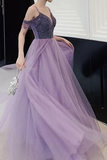 Elegant Cold Shoulder Beaded Lilac Tulle Long Prom Dress HZ0509