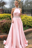 A-line Pink High Neck Sexy Back Cheap Beading Prom Dress HZ0509