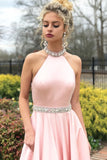 A-line Pink High Neck Sexy Back Cheap Beading Prom Dress HZ0509