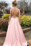 A-line Pink High Neck Sexy Back Cheap Beading Prom Dress HZ0509