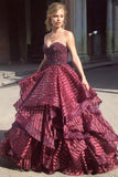 Ball Gown Sweetheart Strapless Burgundy Long Prom Dress with Beading HZ0509