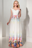 Simple Cheap Printed Long Chiffon V-neck Prom Dresses HZ0509