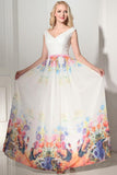 Simple Cheap Printed Long Chiffon V-neck Prom Dresses HZ0509