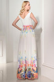Simple Cheap Printed Long Chiffon V-neck Prom Dresses HZ0509