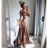 Line Spaghetti Straps Sexy Slit Prom Dresses. Cheap Long Evening Dress HZ0509