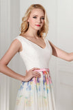 Simple Cheap Printed Long Chiffon V-neck Prom Dresses HZ0509
