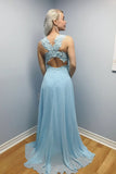 A-line Blue Chiffon Long Lace Appliques Prom Dress HZ0509