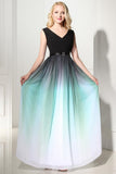 Pretty V-neck Back Up Lace Ombre Chiffon Long Prom Dresses HZ0509