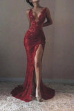 Backless Burgundy Lace High Slit Deep V Neck Mermaid Long Prom Dresses HZ0509