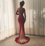 Backless Burgundy Lace High Slit Deep V Neck Mermaid Long Prom Dresses HZ0509
