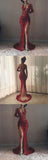 Backless Burgundy Lace High Slit Deep V Neck Mermaid Long Prom Dresses HZ0509