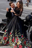 Piece Lace Top Floral Black Long Sleeves Satin Prom Dress with Appliques HZ0509