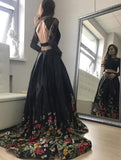 Piece Lace Top Floral Black Long Sleeves Satin Prom Dress with Appliques HZ0509