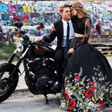 Piece Lace Top Floral Black Long Sleeves Satin Prom Dress with Appliques HZ0509