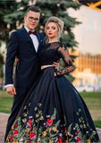 Piece Lace Top Floral Black Long Sleeves Satin Prom Dress with Appliques HZ0509