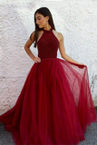 Halter Beaded A Line Sleeveless Tulle Long Prom Dress HZ0509