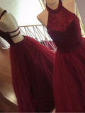 Halter Beaded A Line Sleeveless Tulle Long Prom Dress HZ0509