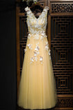 Flowy Long Tulle V Neck Prom Dress With Lace Butterflies HZ0509