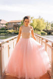 Ball Gown Beading Long Blush Pink Tulle Prom Dresses HZ0509