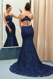 Navy Blue Lace See-through Round Neck Mermaid Floor-length Prom Dress HZ0509