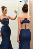 Navy Blue Lace See-through Round Neck Mermaid Floor-length Prom Dress HZ0509