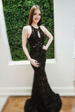 Black Lace Mermaid Long Sleeveless Keyhole Prom Dress with Open Back HZ0509