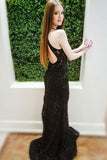 Black Lace Mermaid Long Sleeveless Keyhole Prom Dress with Open Back HZ0509