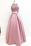 Two Piece Beading Pink Satin A Line Long Prom Dress HZ0509
