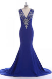 Royal Blue V-neck Zipper Back Prom Dresses HZ0509