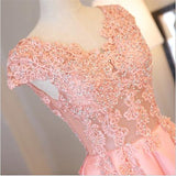 Pink A Line Cap Sleeves Appliques Beaded Long Prom Dresses HZ0509