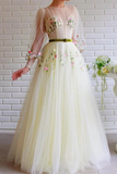 A-line Long Sleeves Tulle Long Prom Dress With Embroidery HZ0509