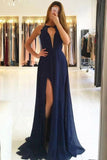 Blue A Line Split Long Chiffon Open Back Prom Dresses HZ0509