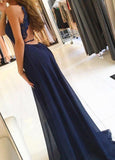 Blue A Line Split Long Chiffon Open Back Prom Dresses HZ0509
