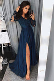 Long Sleeves V Neck Lace Top A Line Split Long Prom Dresses HZ0509