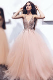 Pearl Pink Tulle V Neck Long Prom Dress with Sequins HZ0509