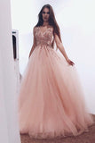 Pearl Pink Tulle V Neck Long Prom Dress with Sequins HZ0509