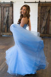 Blue Tulle Long Sweetheart A line Lace Top Prom Dresses HZ0509