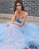 Blue Tulle Long Sweetheart A line Lace Top Prom Dresses HZ0509
