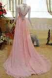 Pink High Low Backless Beading Long Chiffon Prom Dresses HZ0509