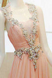 Pink High Low Backless Beading Long Chiffon Prom Dresses HZ0509