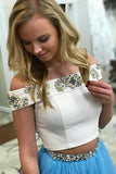 Piece Off the Shoulder Pink Blue Long Lace Beading Prom Dress with Side Slit HZ0509